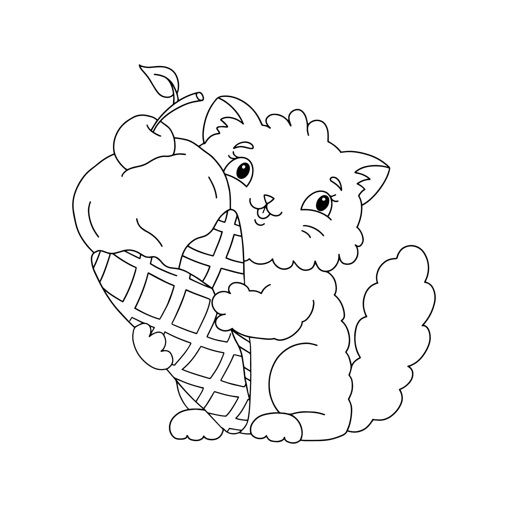 A cute fluffy cat holds delicious appetizing ice cream in its paws