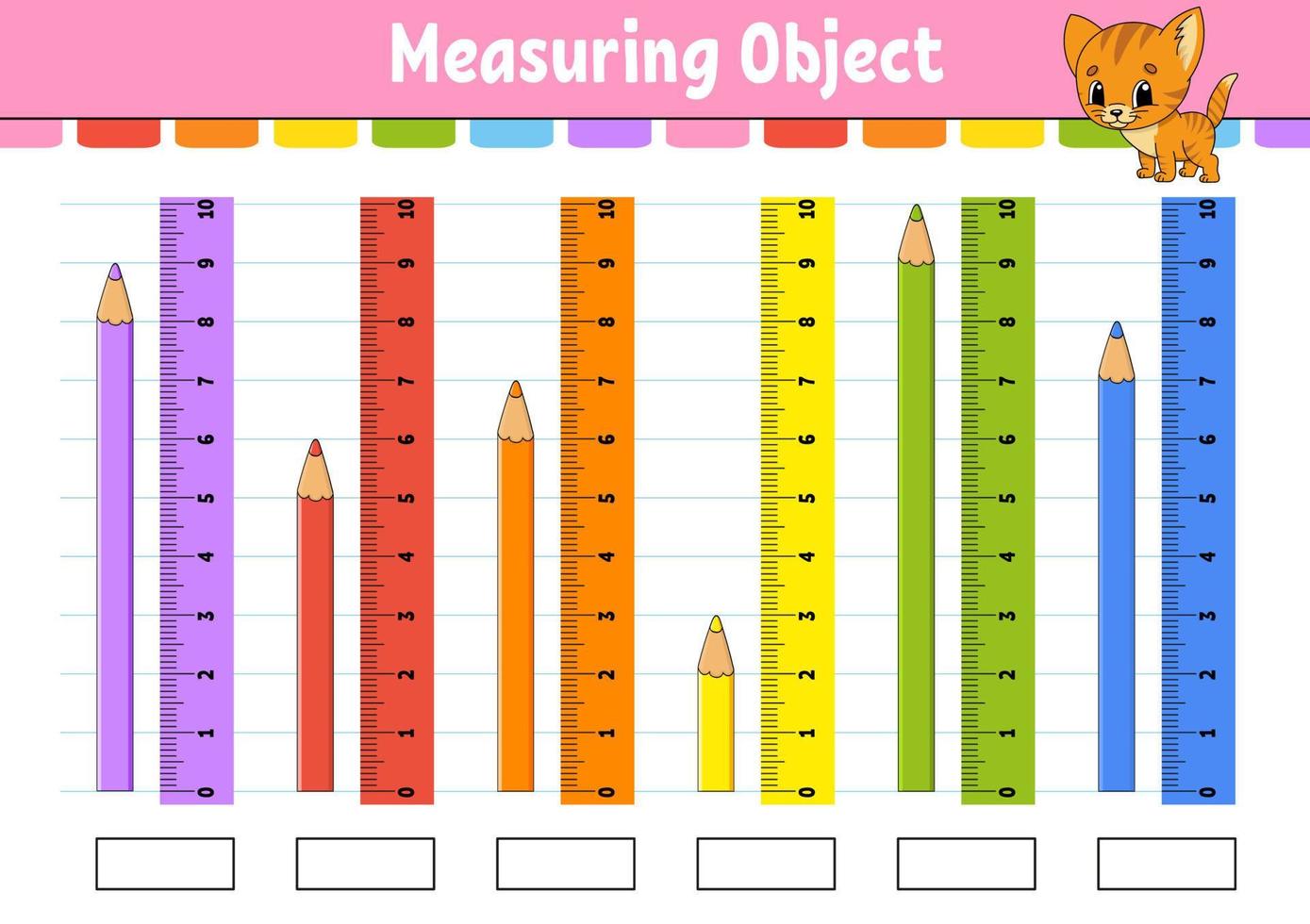 Measuring length in centimeter with ruler. Education developing worksheet. Game for kids. Color activity page. Puzzle for children. Cute character. Vector illustration. cartoon style.