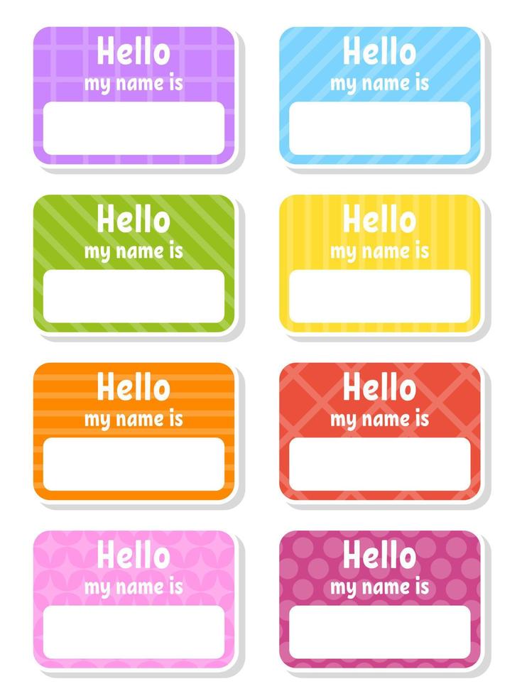 Hello name badge. Bright stickers. Rectangular label. Color vector isolated illustration.