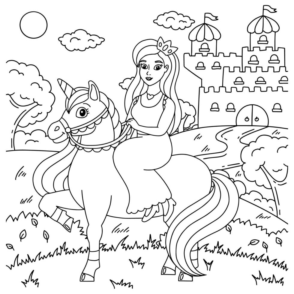 The princess is riding a unicorn. Coloring book page for kids. Cartoon style character. Vector illustration isolated on white background.