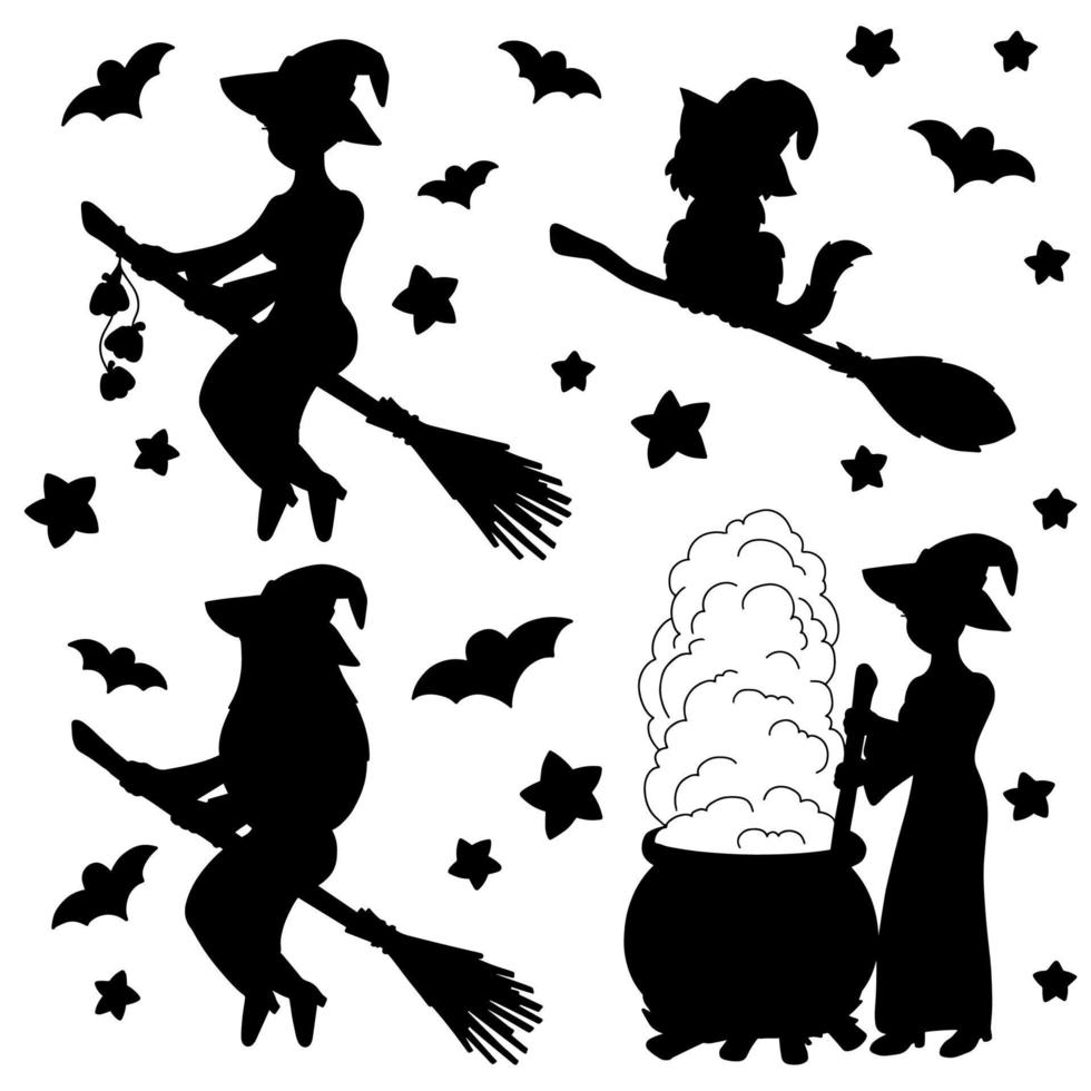 Witch on a broom, black cat. Black silhouette. Design element. Vector illustration isolated on white background. Template for books, stickers, posters, cards, clothes. Halloween theme.