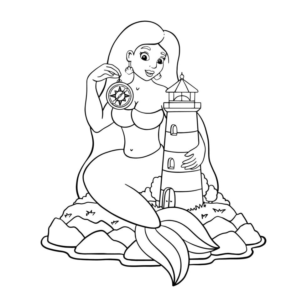 A beautiful mermaid is holding a compass near the lighthouse. Coloring page for kids. Digital stamp. Cartoon style character. Vector illustration isolated on white background.