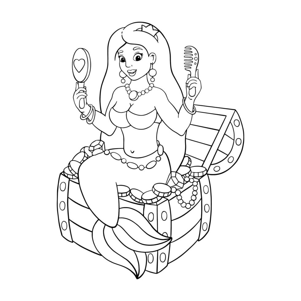 A beautiful mermaid sits on a treasure chest. Coloring page for kids. Digital stamp. Cartoon style character. Vector illustration isolated on white background.