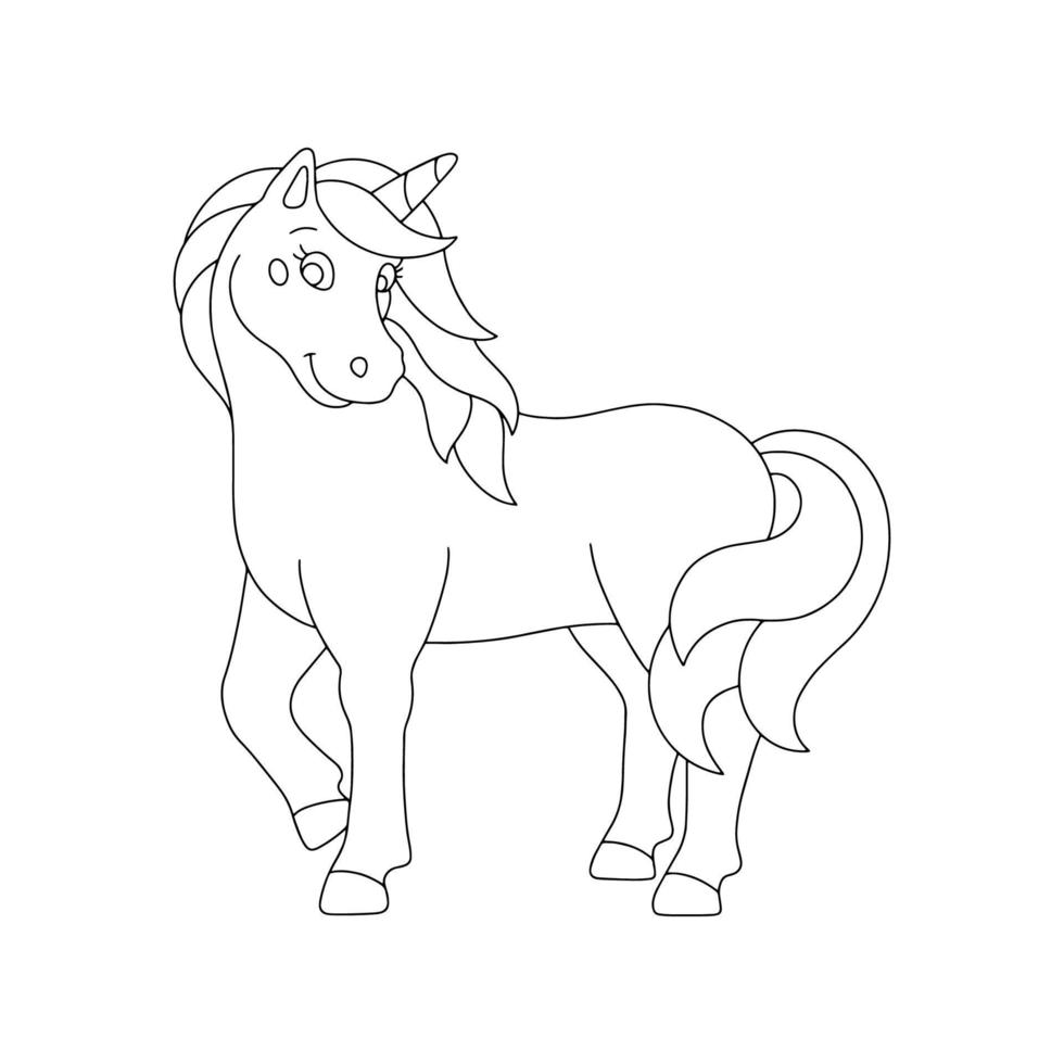 Cute shy unicorn. Coloring book page for kids. Cartoon style character. Vector illustration isolated on white background.