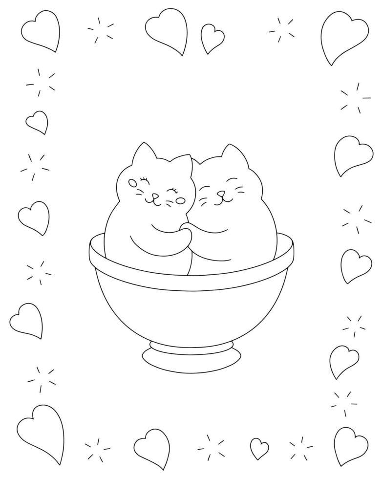 Enamored cats are sitting in a cup. Coloring book page for kids. Valentine's Day. Cartoon style character. Vector illustration isolated on white background.