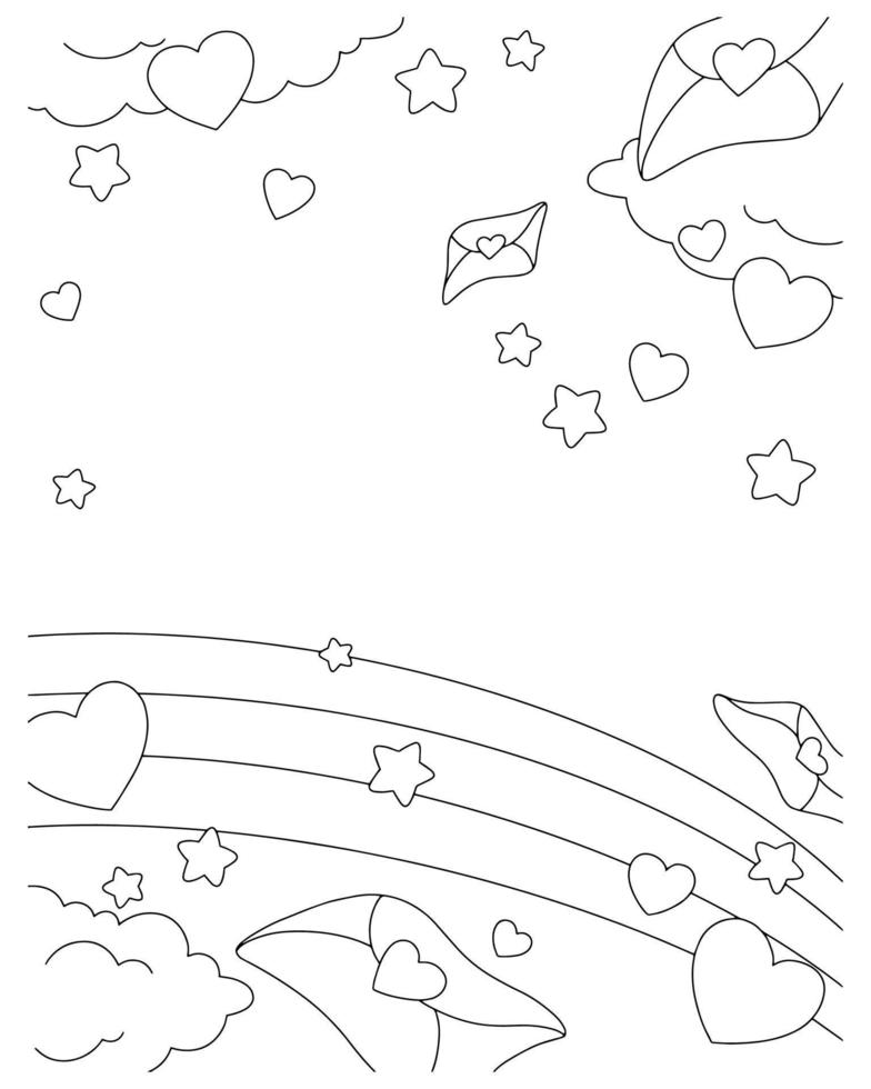 fondo con corazones y nubes. página de libro para colorear para niños. día de San Valentín. estilo de dibujos animados ilustración vectorial vector
