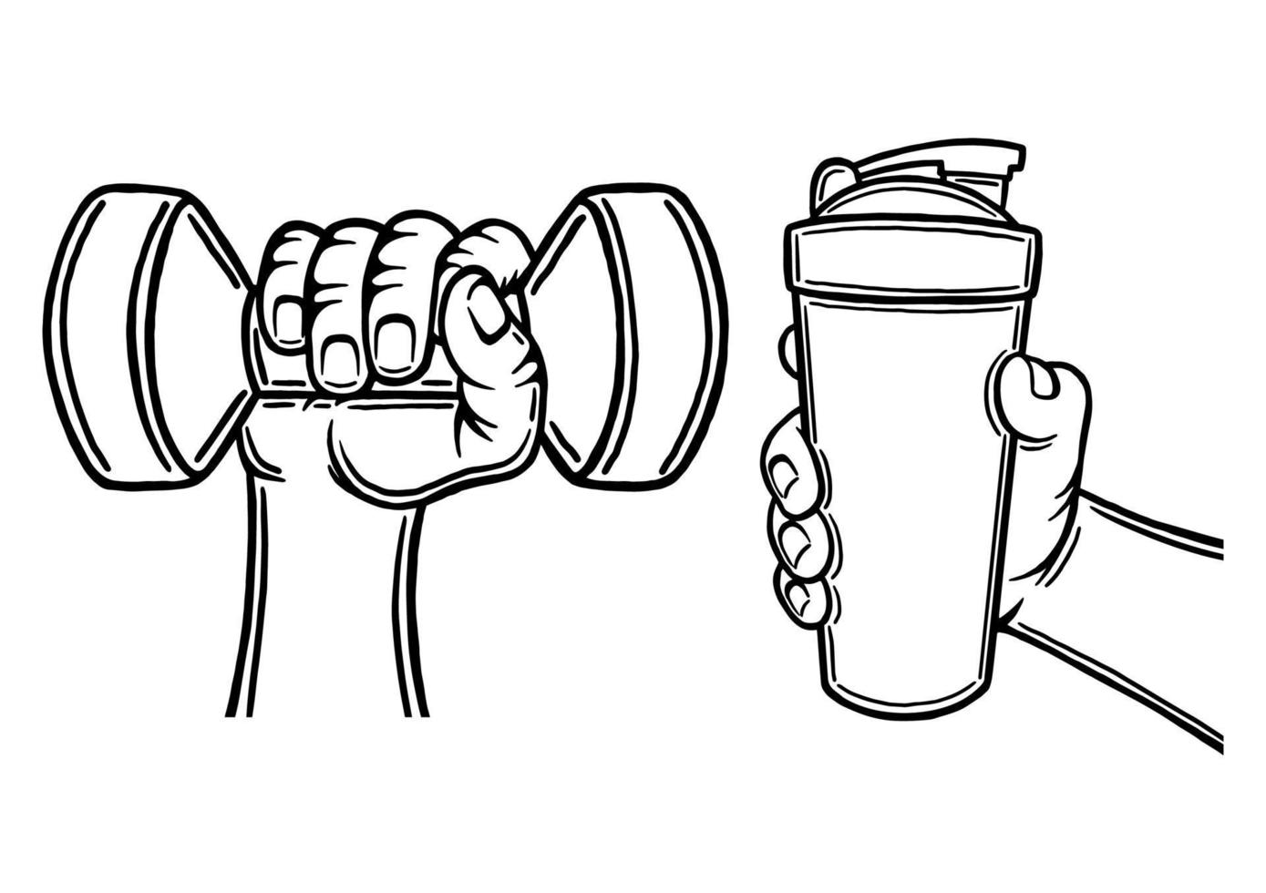 Man holding a dumbbell and protein shaker. vector