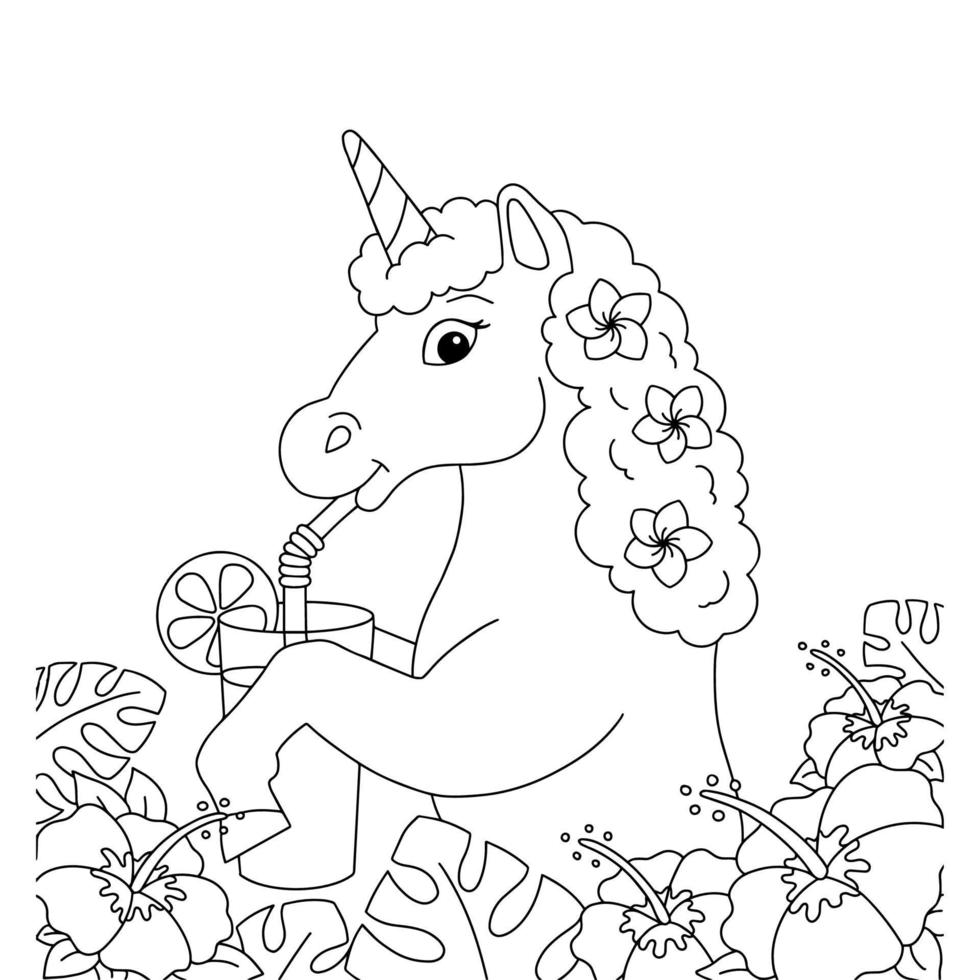 lindo unicornio está bebiendo jugo. página de libro para colorear para niños. personaje de estilo de dibujos animados. ilustración vectorial aislado sobre fondo blanco. vector