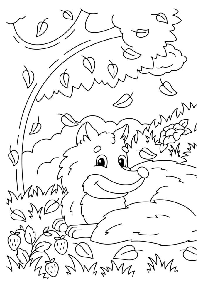 Cute fox in the autumn forest. Coloring book page for kids. Cartoon style character. Vector illustration isolated on white background.
