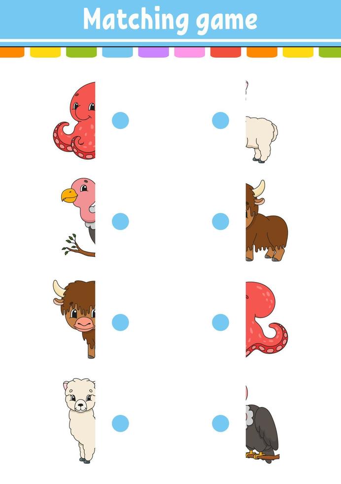 Matching game. Draw a line. Education developing worksheet. Activity page with color pictures. Riddle for children. Isolated vector illustration. Cute character. Cartoon style.