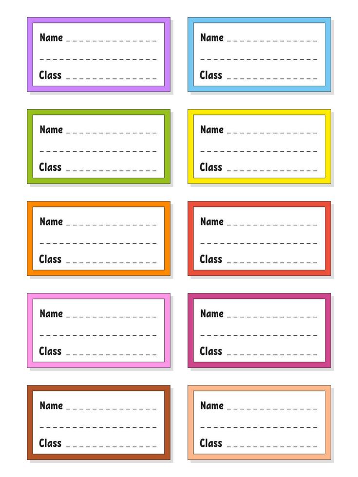 Back to school labels. Set stickers for notebook. Name and class. Bright stickers. Rectangular label. Color vector isolated illustration.