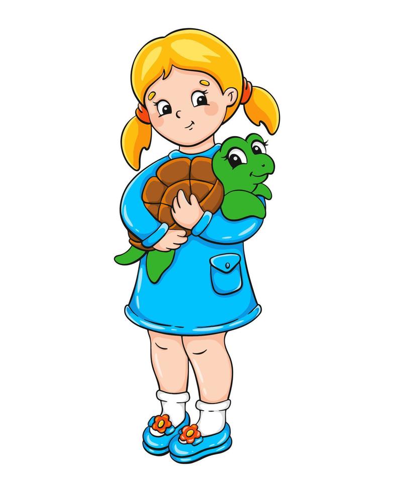 linda niña sostiene una tortuga. personaje animado. ilustración vectorial colorido. aislado sobre fondo blanco. elemento de diseño plantilla para tu diseño, libros, pegatinas, tarjetas. vector