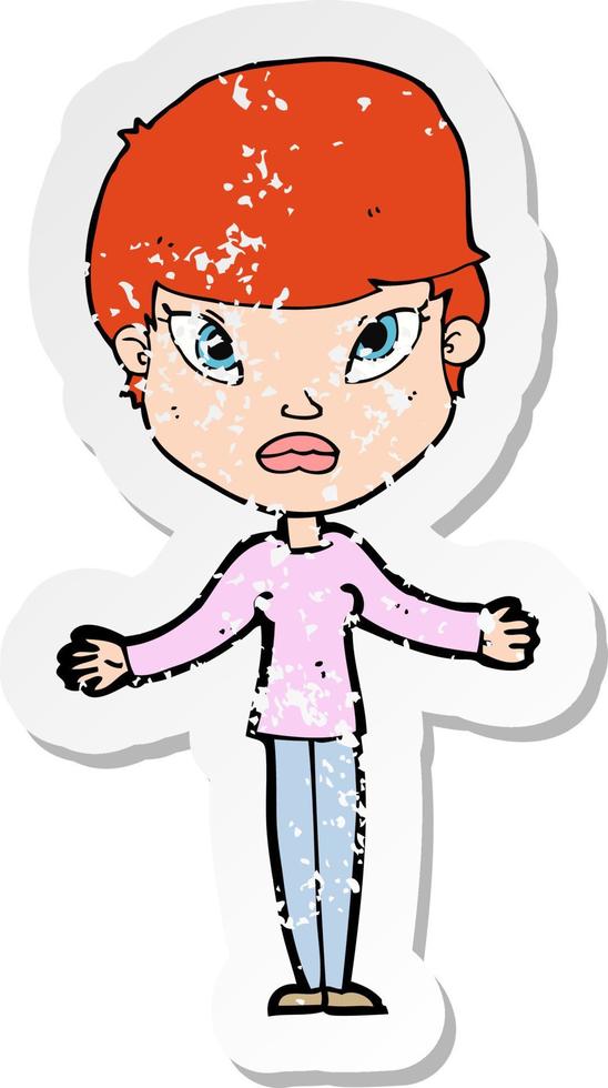 retro distressed sticker of a cartoon woman shrugging shoulders vector