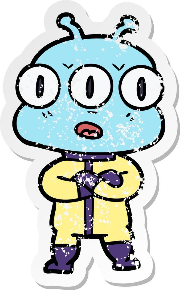 distressed sticker of a cartoon three eyed alien vector