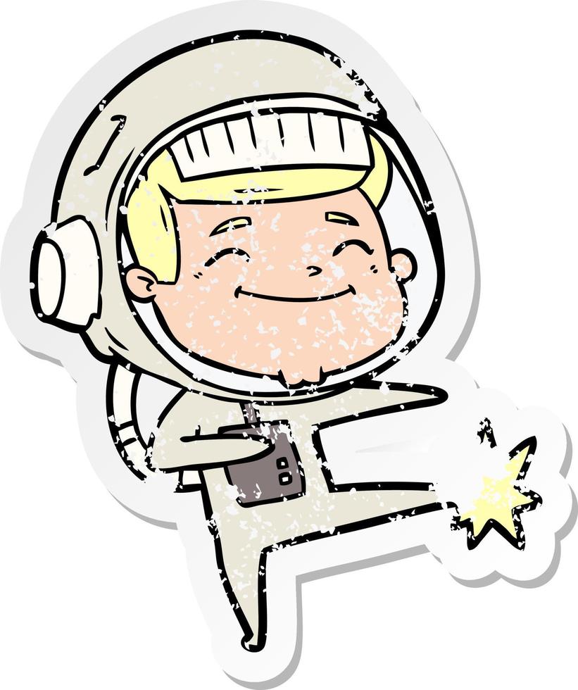 distressed sticker of a happy cartoon astronaut vector