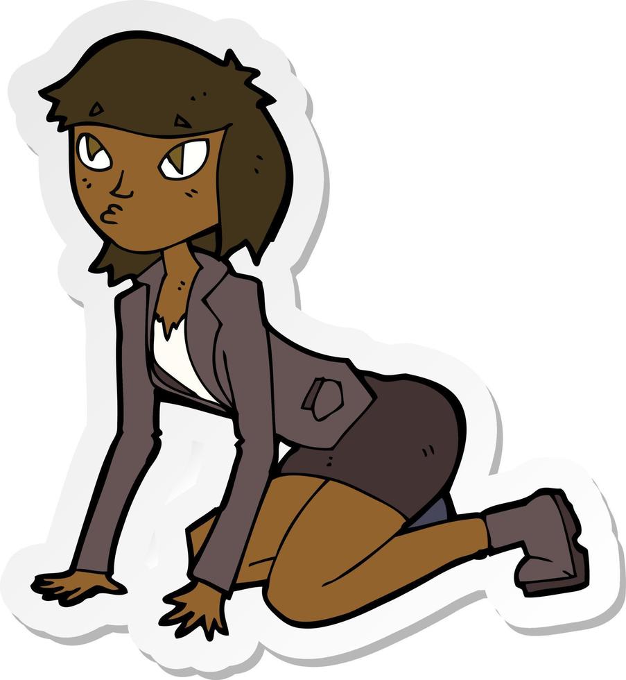 sticker of a cartoon woman on hands and knees vector