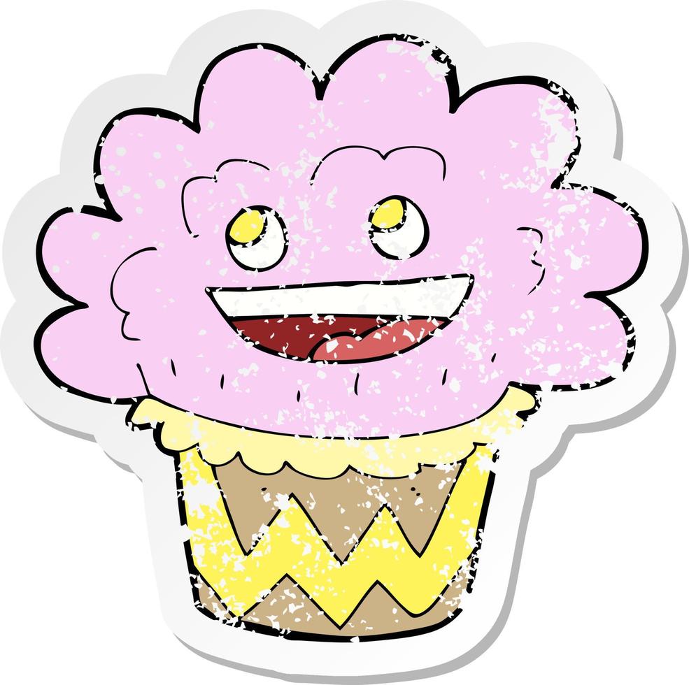 retro distressed sticker of a cartoon happy cupcake vector