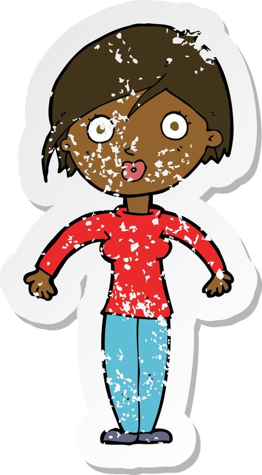 retro distressed sticker of a cartoon surprised woman vector