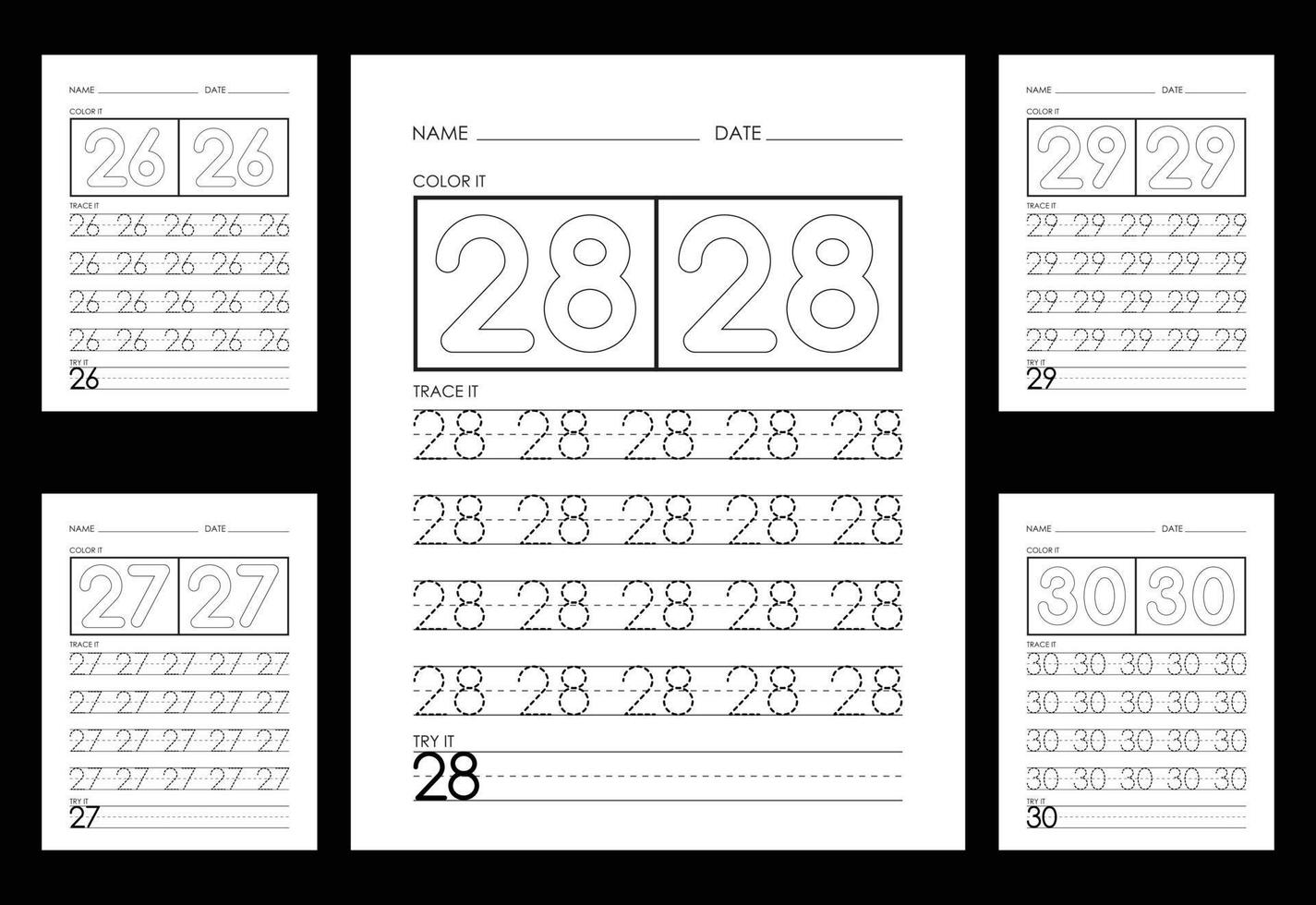 Tracing And Coloring Numbers Worksheets Learn Numbers. vector