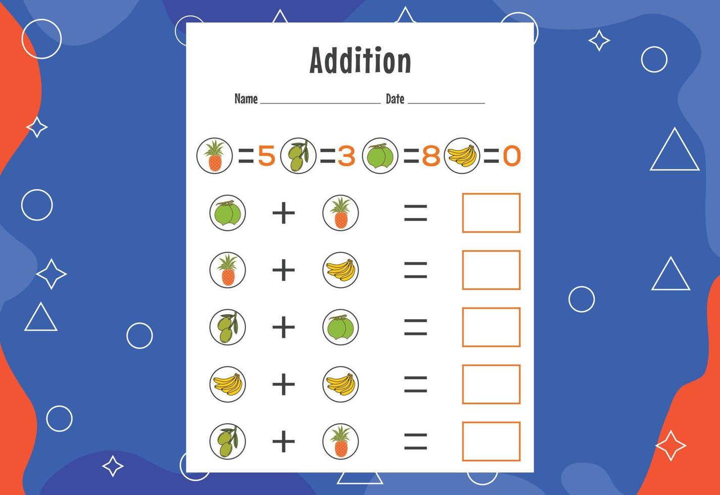 Addition with different elements for kids. An educational page for kids. Vector design