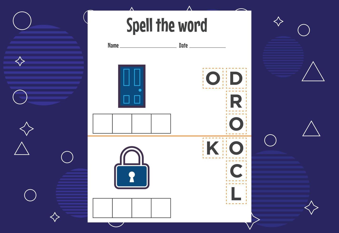 Spelling the word worksheet vector illustration. Spelling game for kids.