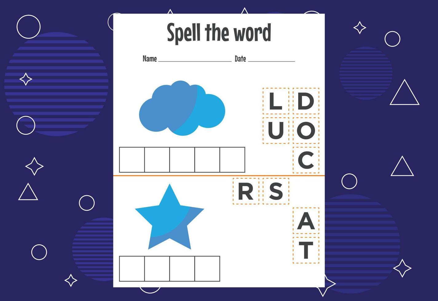 Spelling the word worksheet vector illustration. Spelling game for kids.