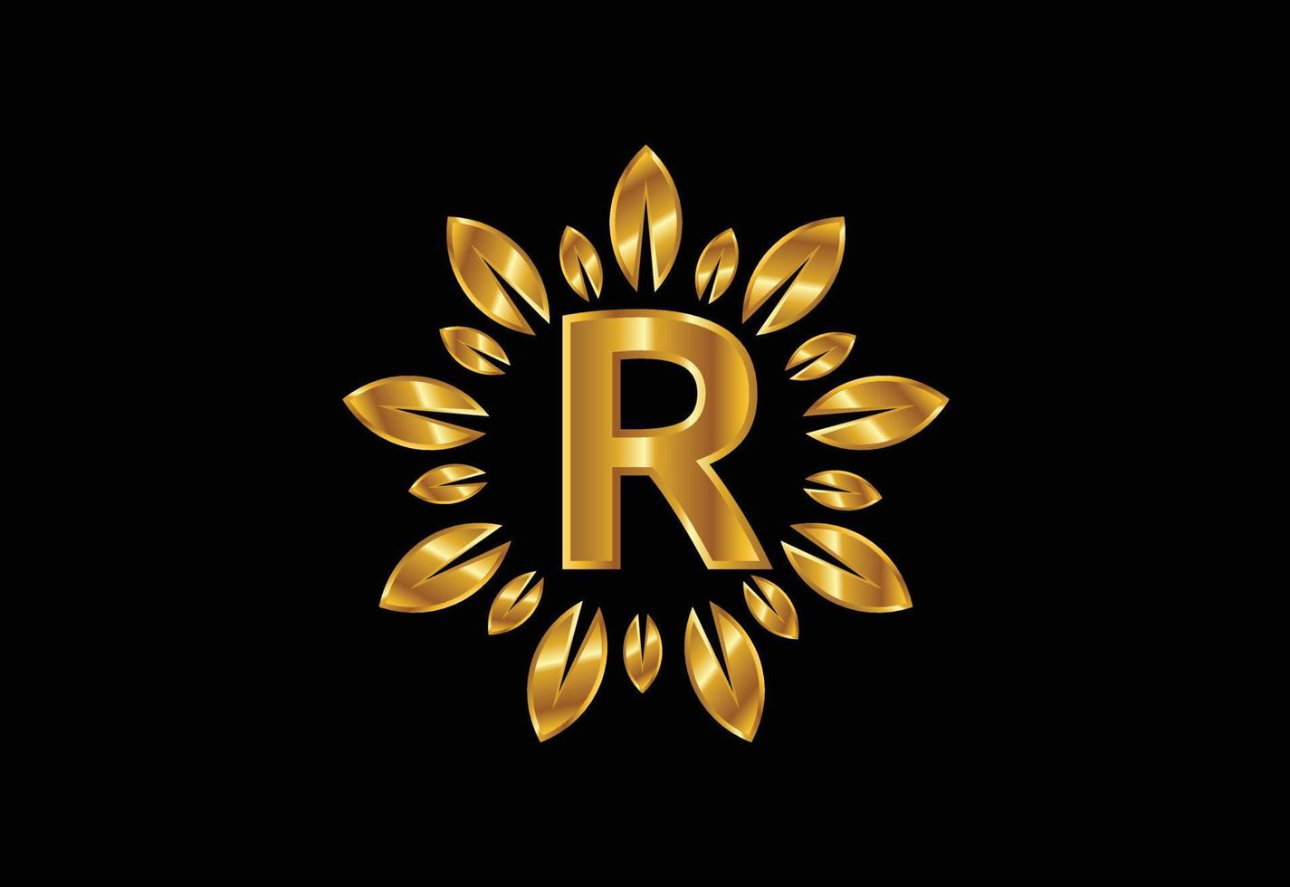 Initial R monogram letter alphabet with golden leaf wreath. Flower logo design concept vector