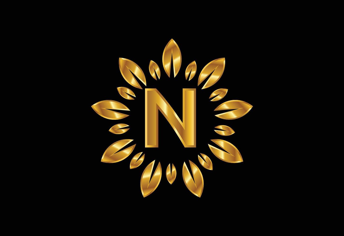 Initial N monogram letter alphabet with golden leaf wreath. Flower logo design concept vector