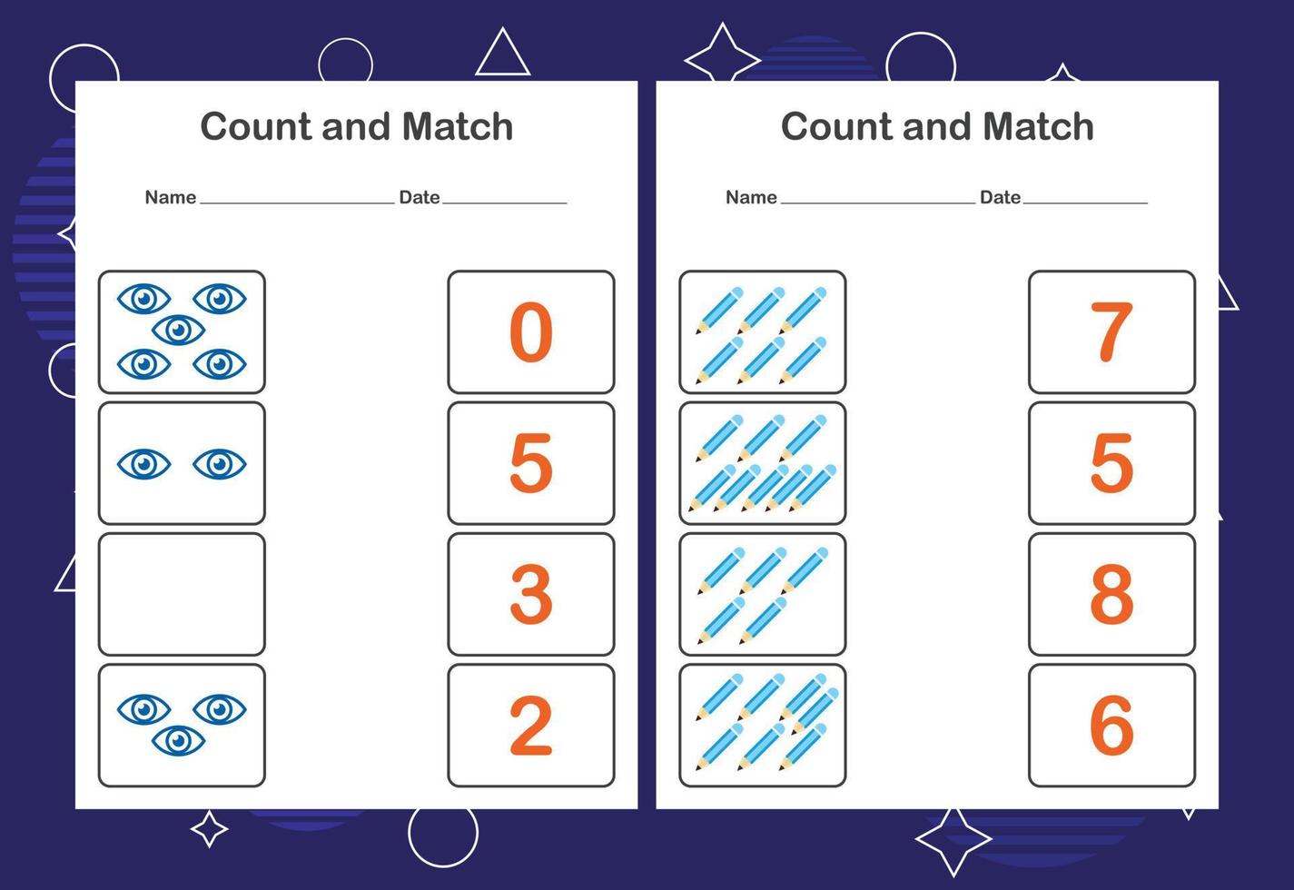 Contar y combinar la hoja de trabajo para niños. cuenta y empareja con el número correcto. juego educativo a juego. vector