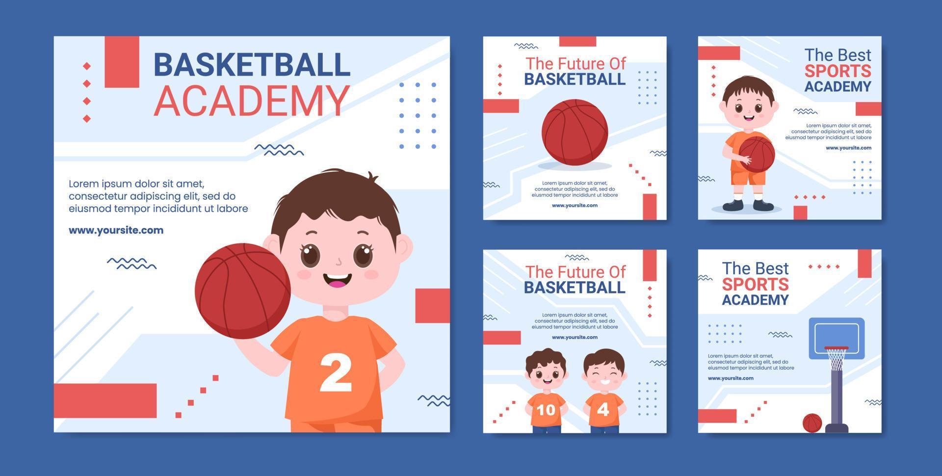 ilustración de vector de fondo de dibujos animados de plantilla de publicación de redes sociales para niños de la academia de baloncesto