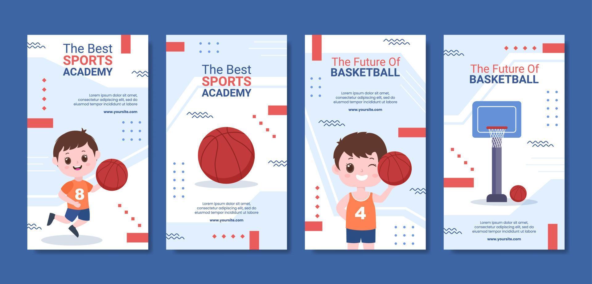 Basketball Academy Kids Social Media Stories Template Cartoon Background Vector Illustration