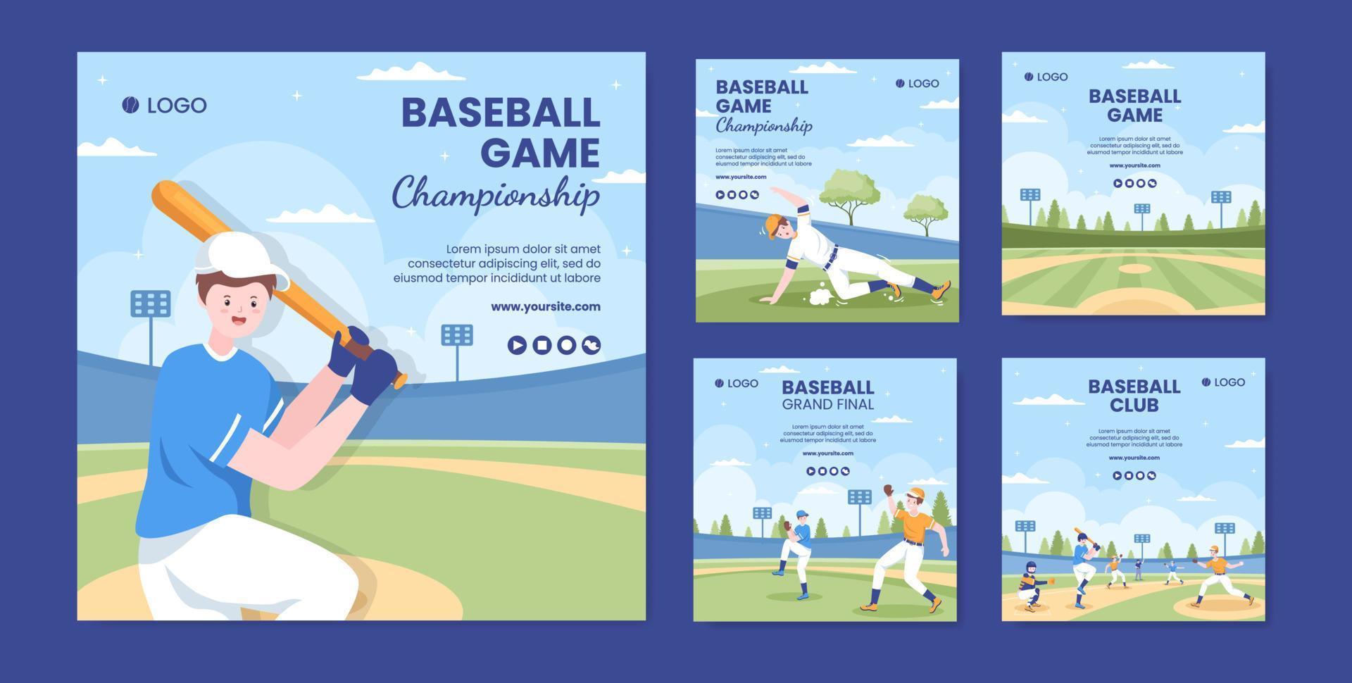 Baseball Game Sports Social Media Post Template Flat Cartoon Background Vector Illustration