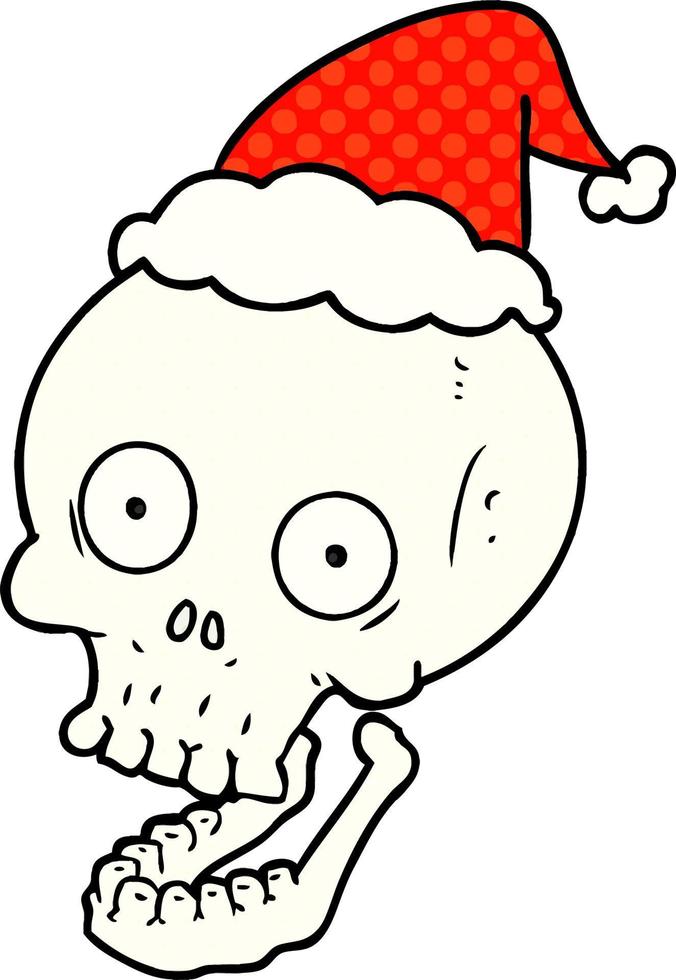 comic book style illustration of a skull wearing santa hat vector