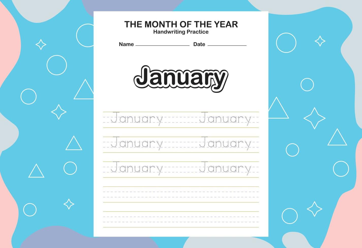 Month name of the year trace and writing practice sheet vector