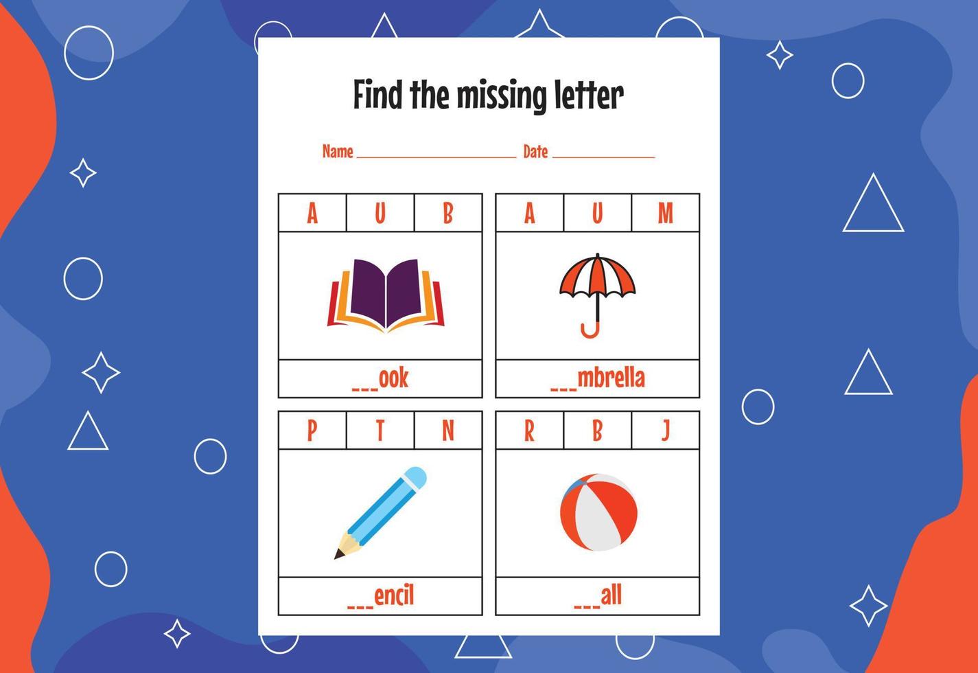 Find the missing letter. Education spelling worksheets for kids. Activity page vector