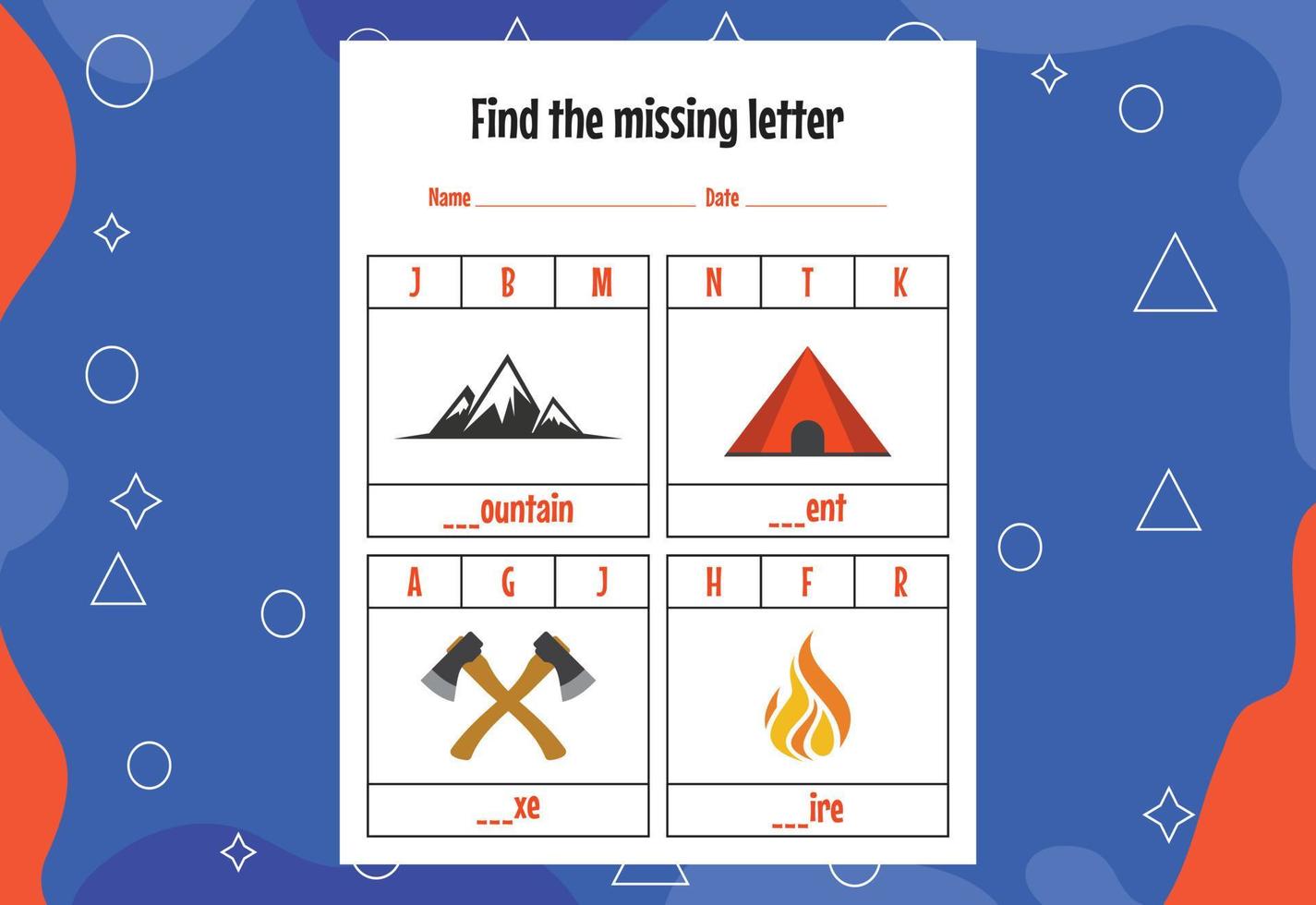 Find the missing letter. Education spelling worksheets for kids. Activity page vector