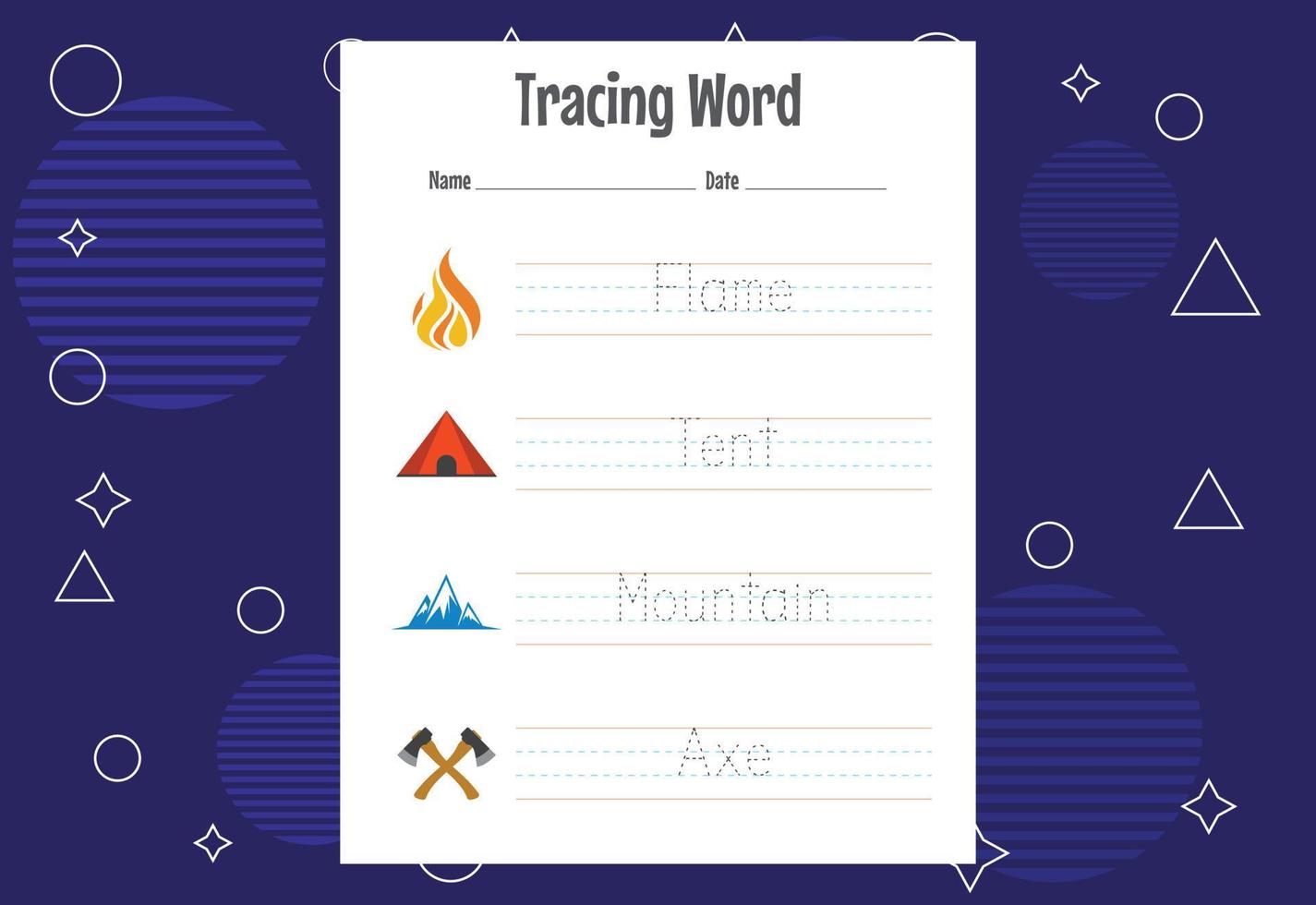 Word tracing worksheets for kids. Letters trace exercises for kids vector