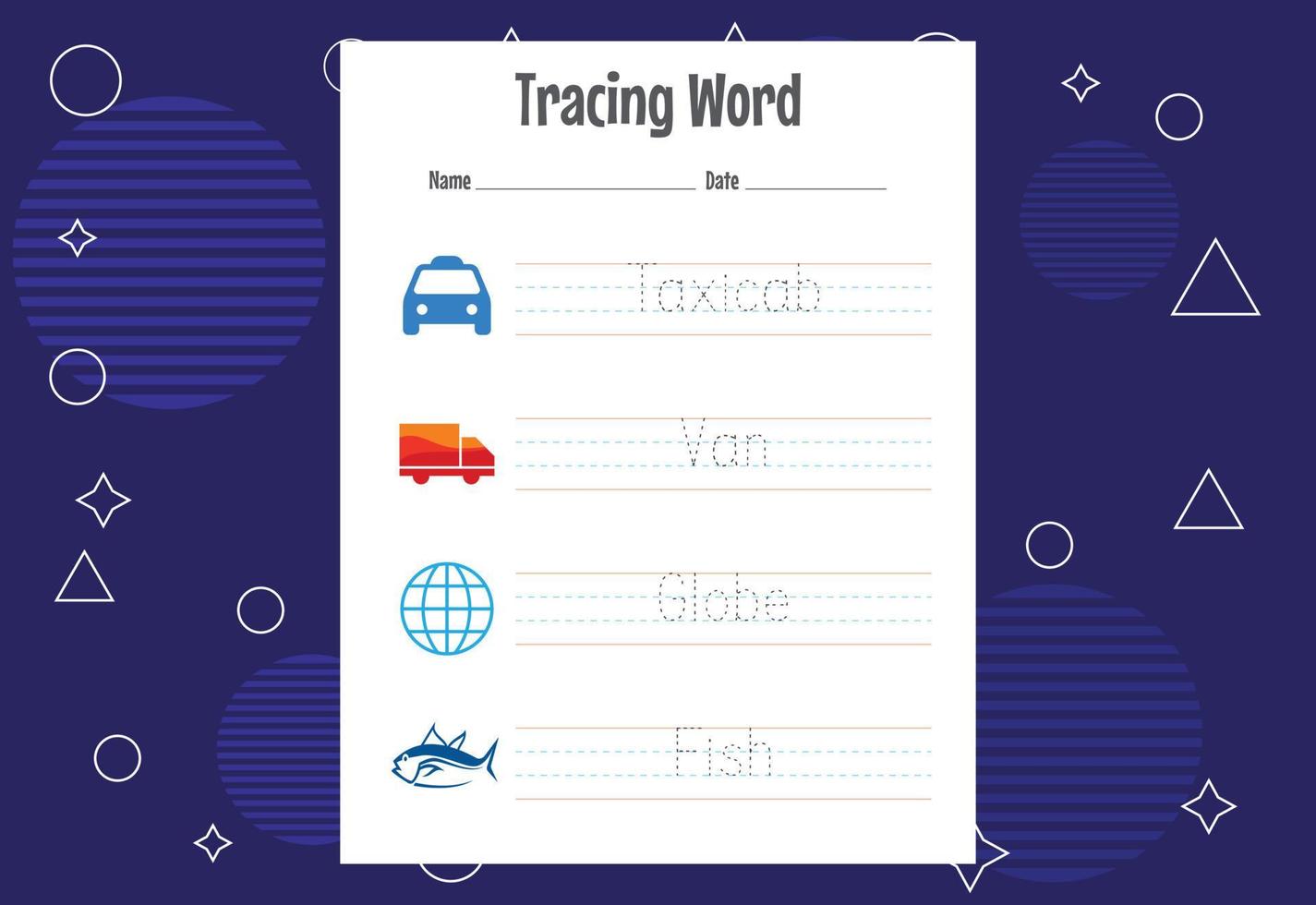 Word tracing worksheets for kids. Letters trace exercises for kids vector
