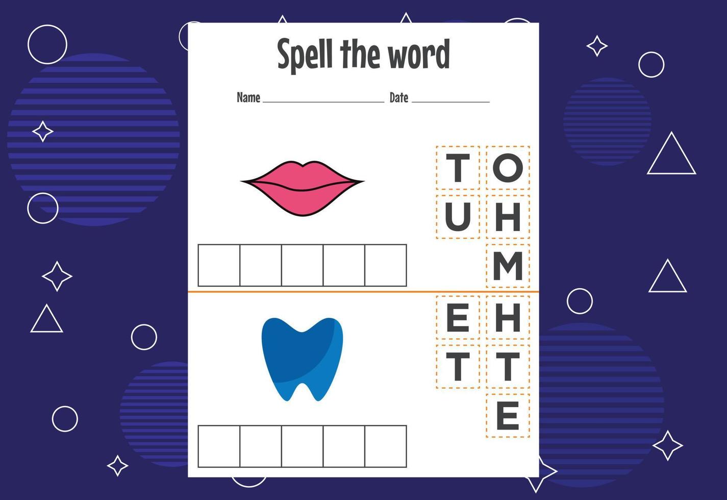 Spelling the word worksheet vector illustration. Spelling game for kids.