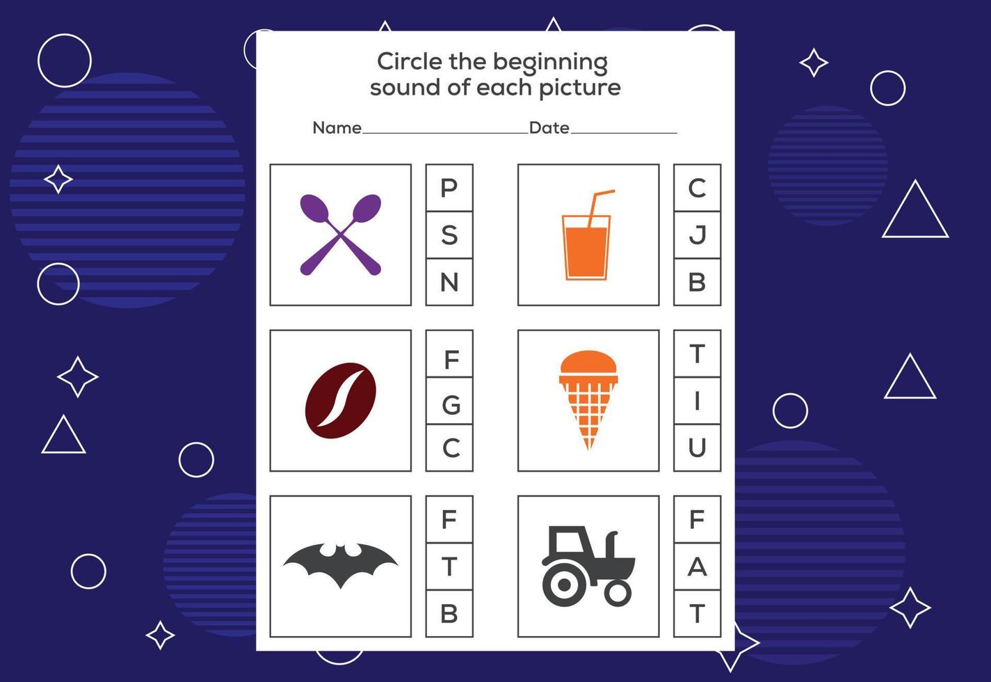 Circle the beginning sound of each picture. Educational game for kids vector