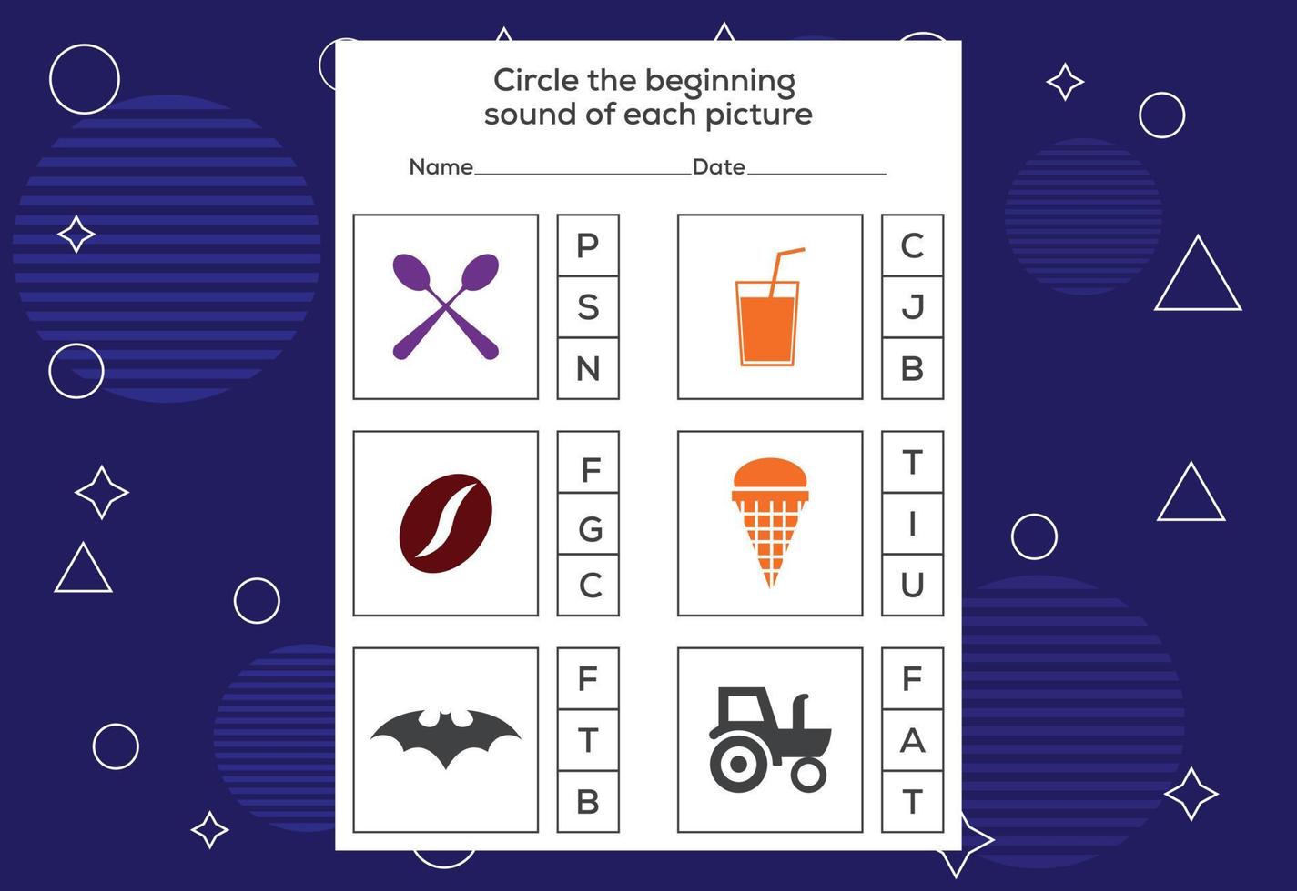 Encierra en un círculo el sonido inicial de cada imagen. juego educativo para niños vector