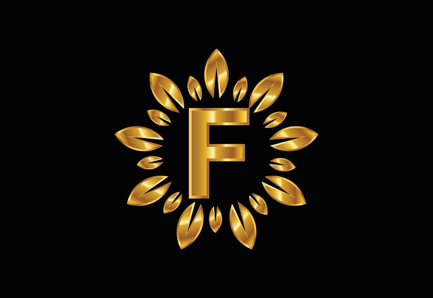 Initial F monogram letter alphabet with golden leaf wreath. Flower logo design concept vector