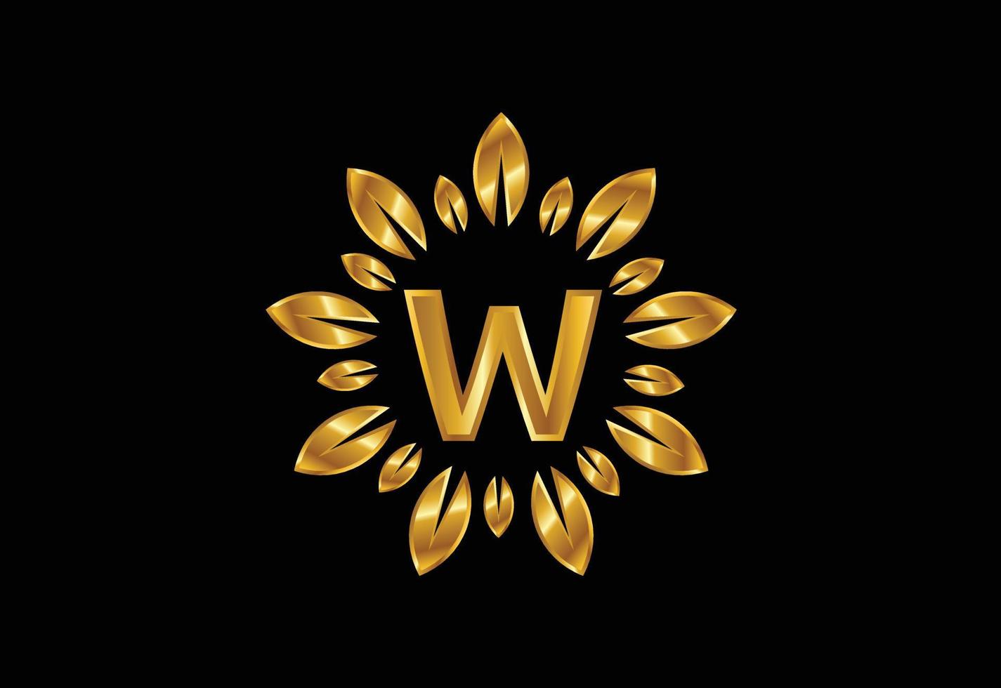 Initial W monogram letter alphabet with golden leaf wreath. Flower logo design concept vector