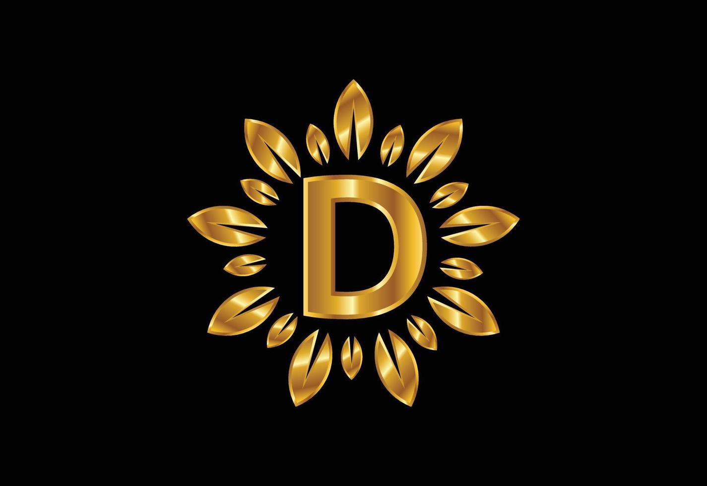 Initial D monogram letter alphabet with golden leaf wreath. Flower logo design concept vector