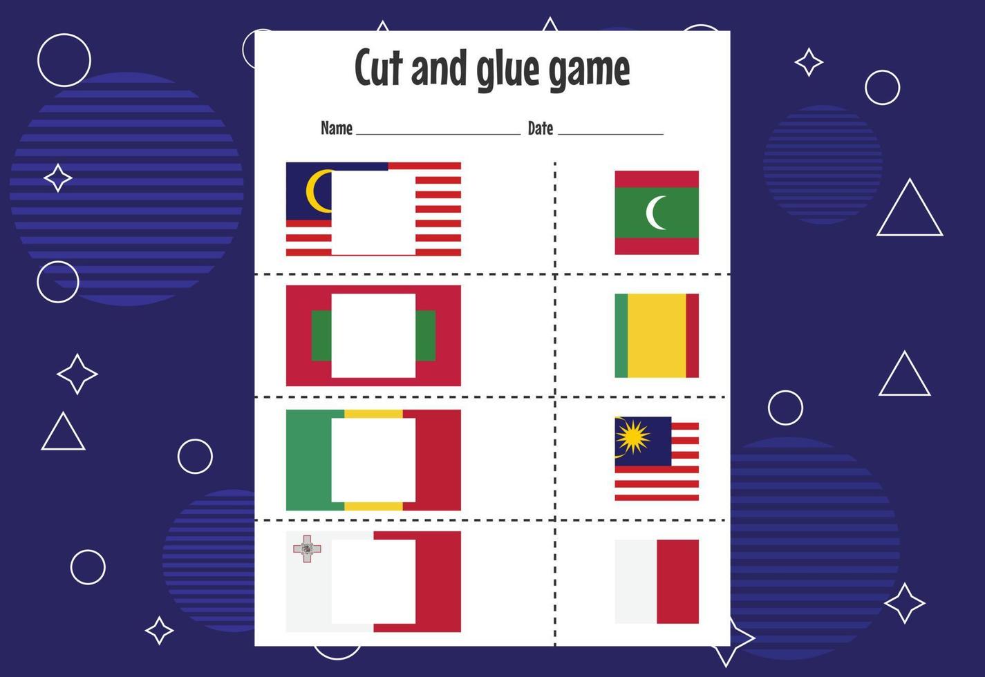 Cut and glue game for kids with country flag. Cutting practice for preschoolers. Education paper game for children vector