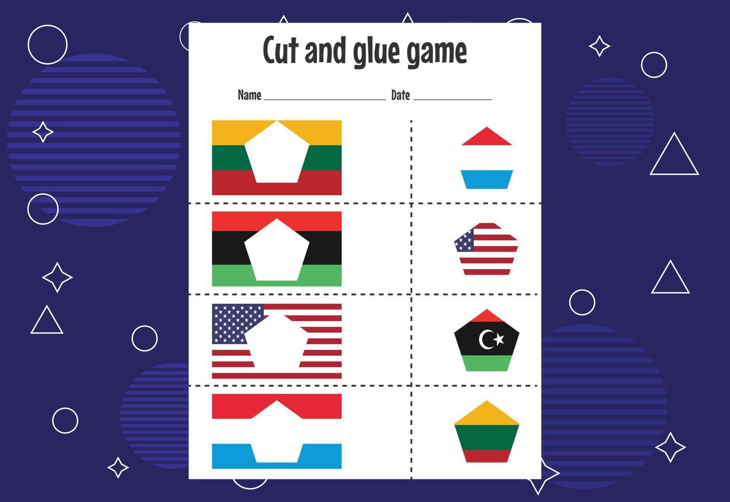 Cut and glue game for kids with country flag. Cutting practice for preschoolers. Education paper game for children vector