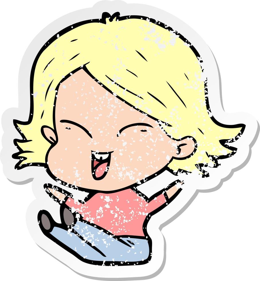 distressed sticker of a happy cartoon girl vector