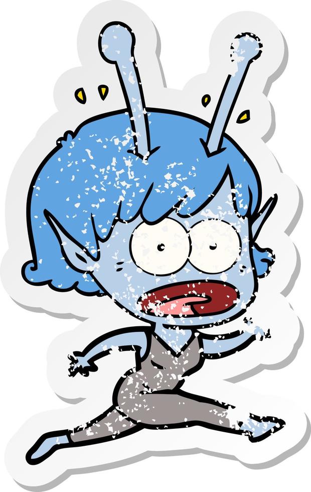 distressed sticker of a cartoon shocked alien girl vector