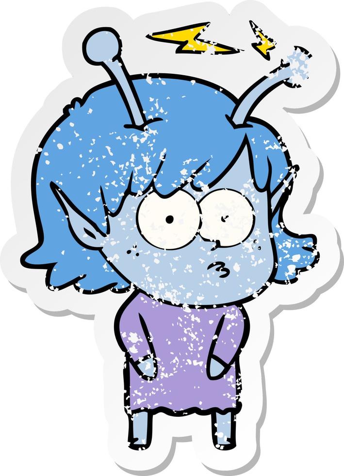 distressed sticker of a cartoon alien girl vector