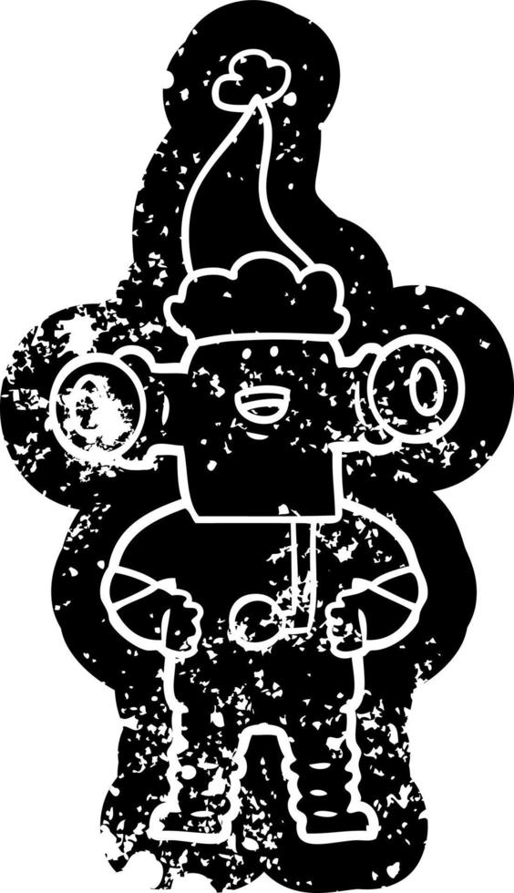 friendly cartoon distressed icon of a alien wearing santa hat vector